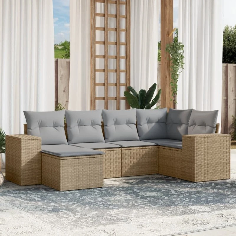 Sofasæt til haven 6 dele i polyrattan med hynder - beige
