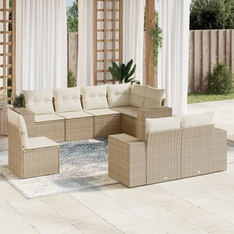 8-dele havemøbelsæt i polyrattan med hynder – beige