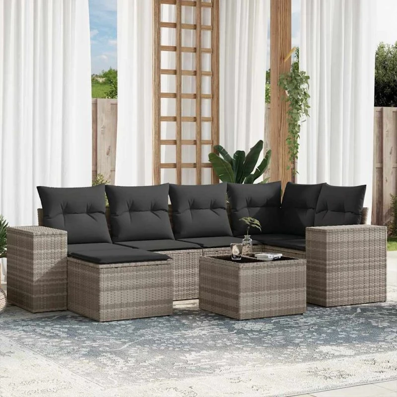 Sofasæt til haven 7 dele i polyrattan med hynder - lysegrå