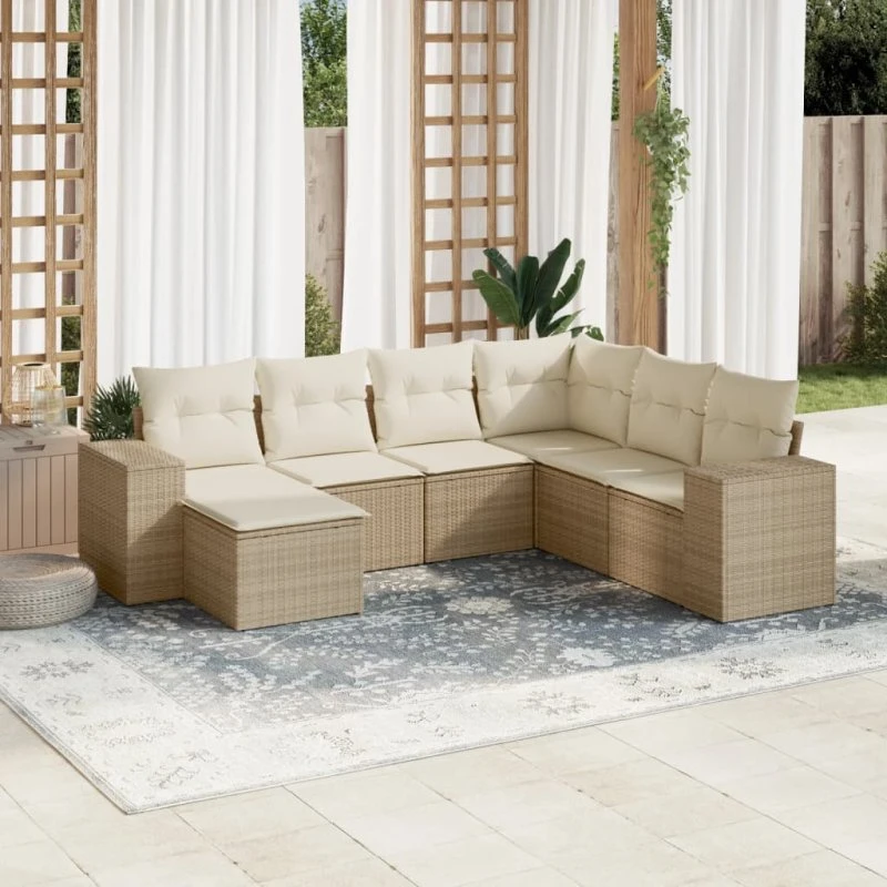 Sofasæt til haven 7 dele i polyrattan med hynder – beige