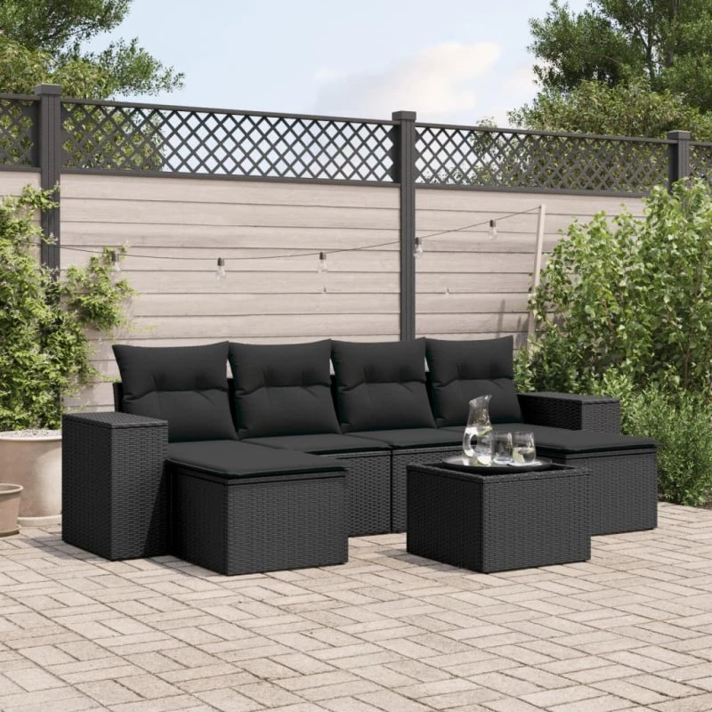 Havesofasæt 7 dele i sort polyrattan med hynder