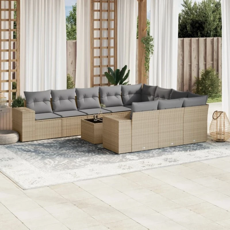 Havesofasæt i polyrattan 11 dele med hynder - Beige