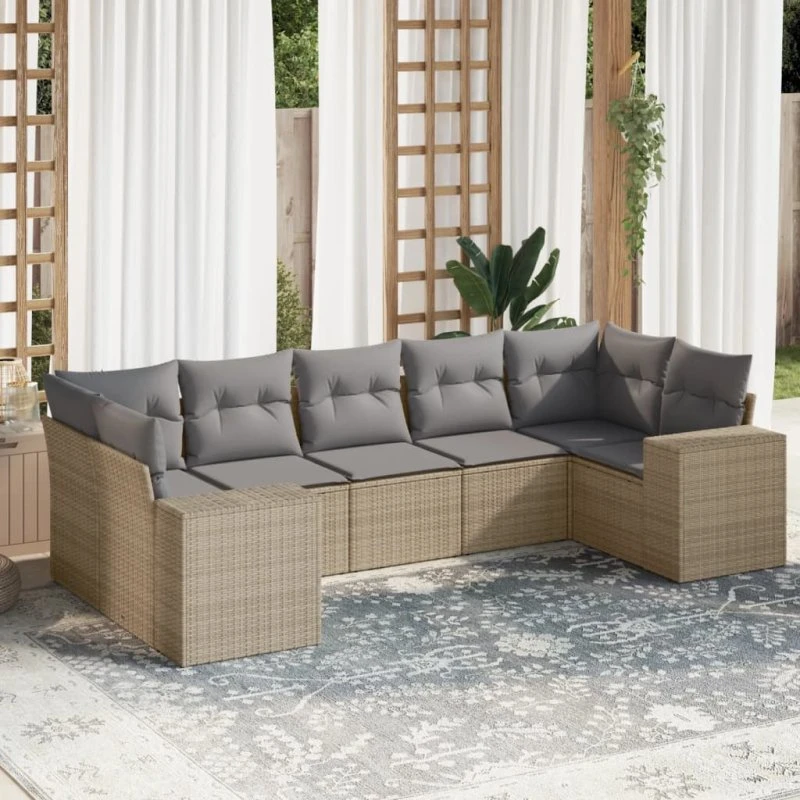 7-delers havesofasæt i polyrattan med hynder – beige