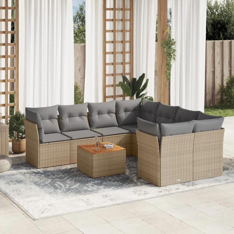 Spisebordssæt i polyrattan 9 dele med hynder - beige