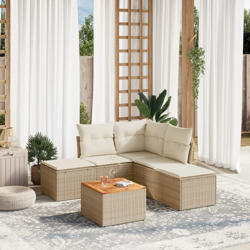 6-dele havemøbelsæt i polyrattan med hynder - beige