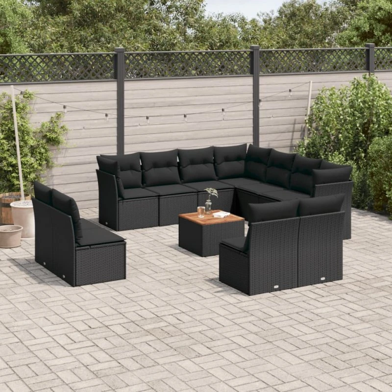 Havesofasæt 12 dele i polyrattan - sort med hynder