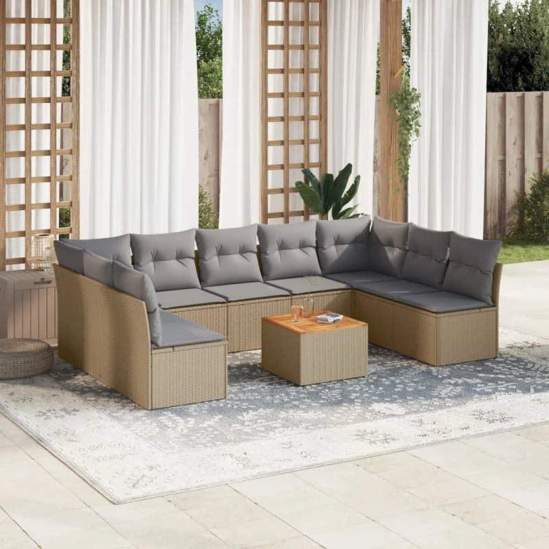 Havesofasæt 10 dele i beige polyrattan inkl. hynder