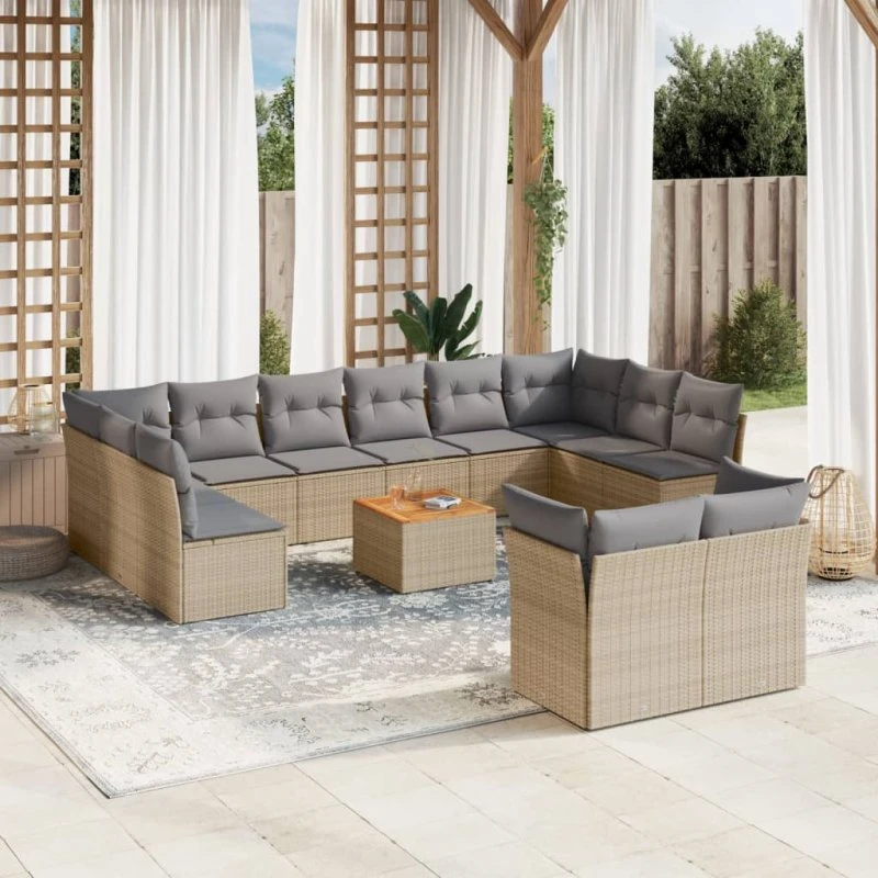 Havesæt 13 dele i polyrattan med hynder - beige