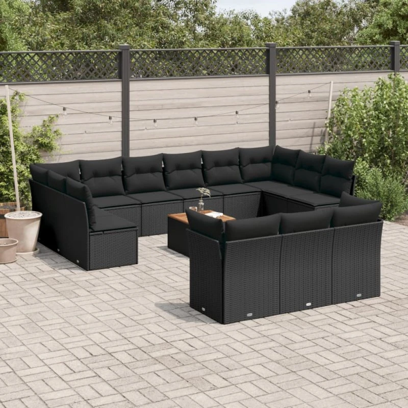 Havesofasæt 14 dele i sort polyrattan med hynder