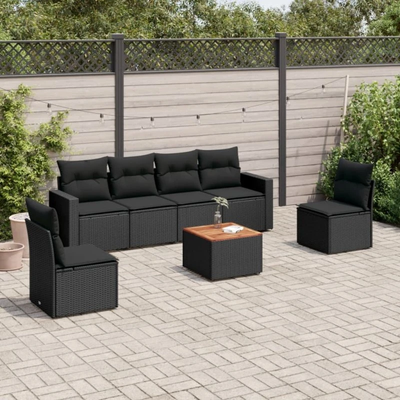 7-dele sofasæt i sort polyrattan med hynder
