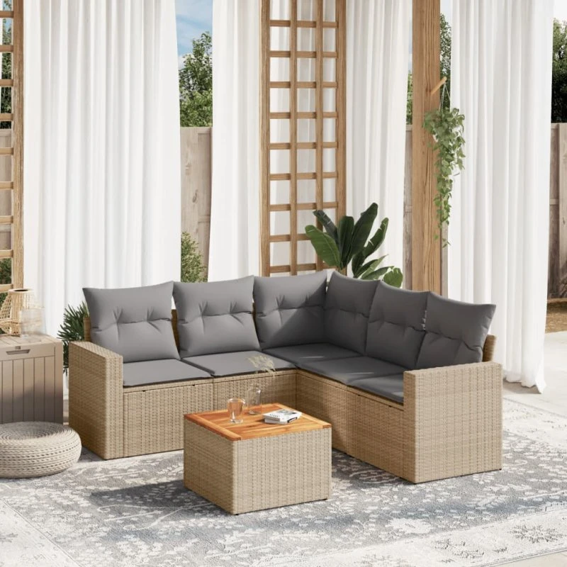 Havesofasæt 6 dele i polyrattan med hynder - beige