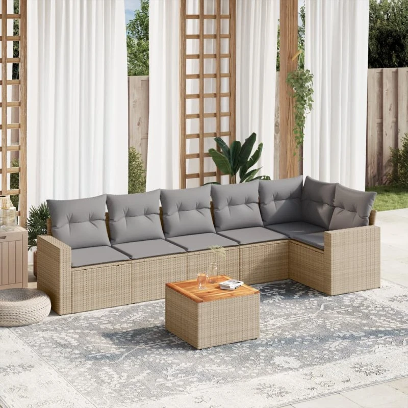 7-del havesofasæt i polyrattan med hynder – beige