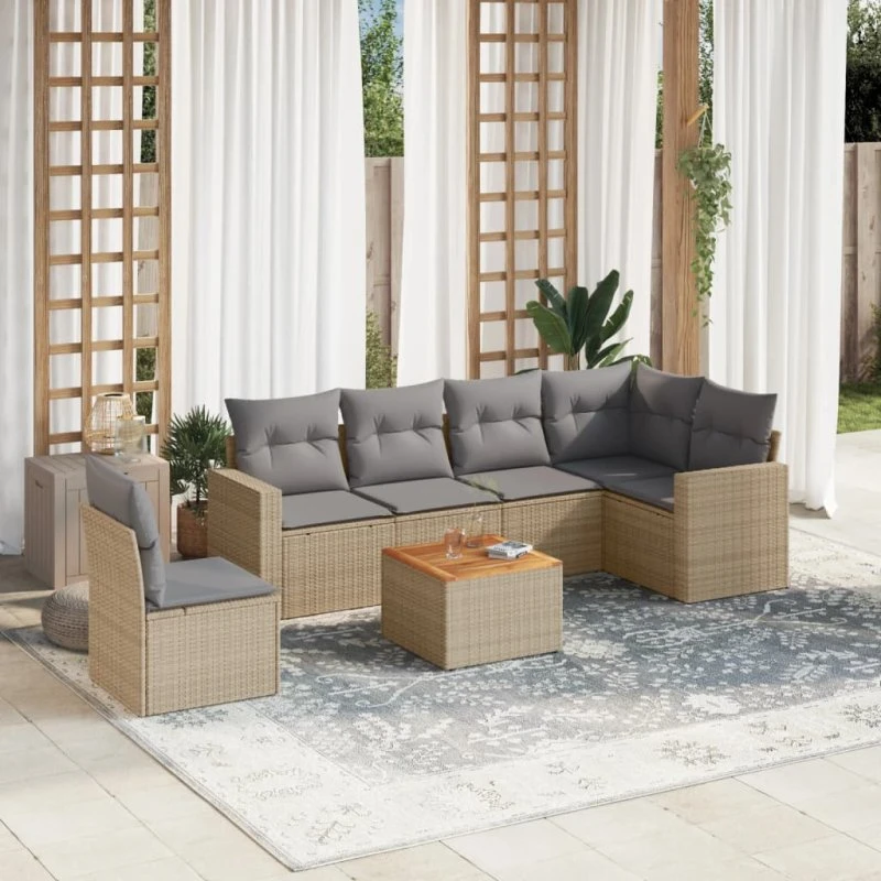 Havesofasæt 7 dele i polyrattan - beige med hynder