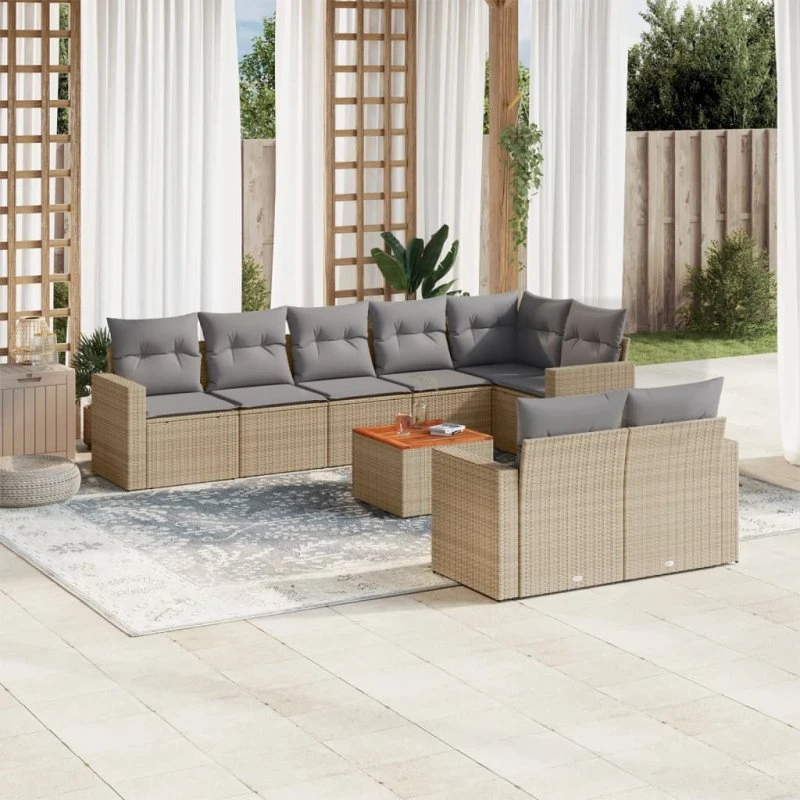 Polyrattan havemøbelsæt 9 dele med hynder - beige