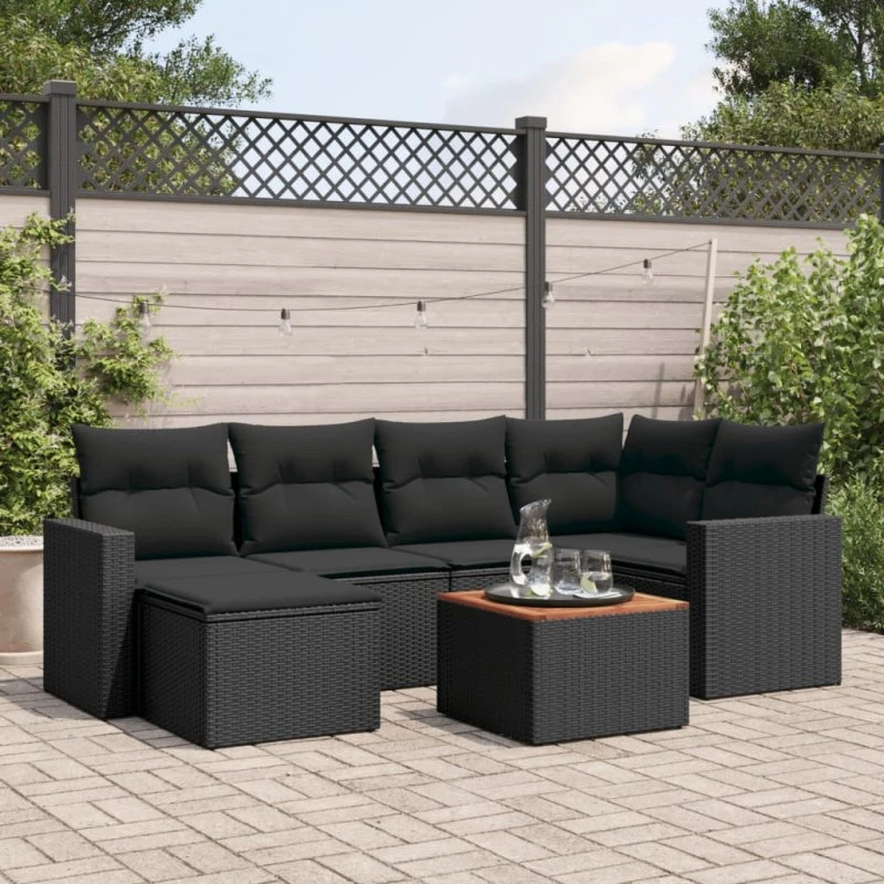 Havesofasæt 7 dele i sort polyrattan med hynder