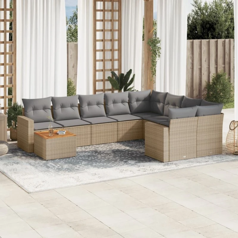 Havesofasæt 10 dele i polyrattan med hynder – beige