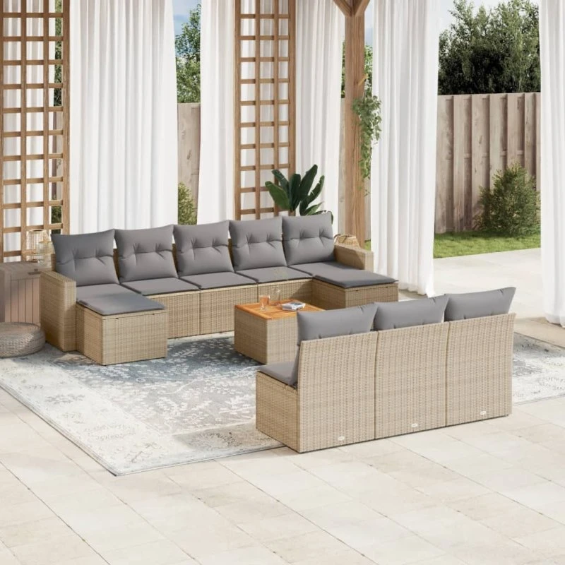Havesofasæt 11 dele polyrattan beige med hynder