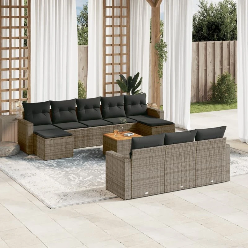 Loungesæt polyrattan 11 dele med hynder - grå
