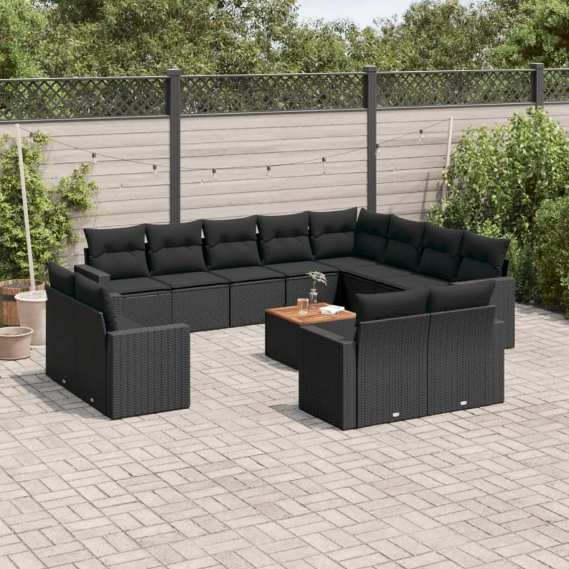 Havesofasæt 13 dele polyrattan med hynder – sort