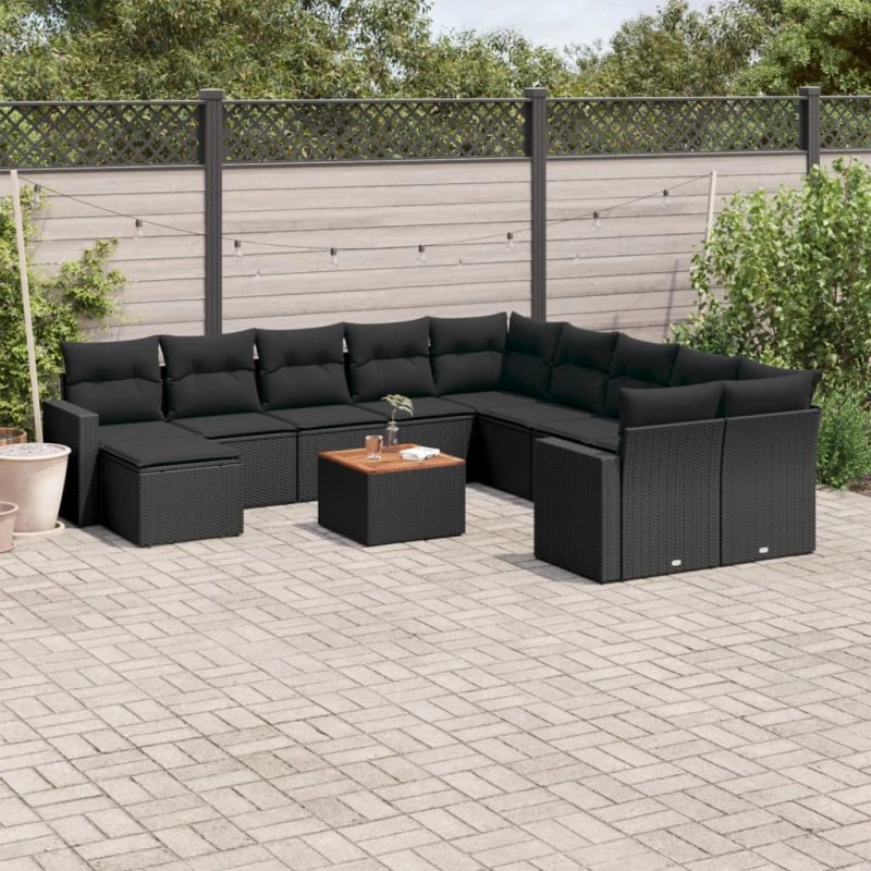 Havesofasæt 12 dele i polyrattan med hynder – sort