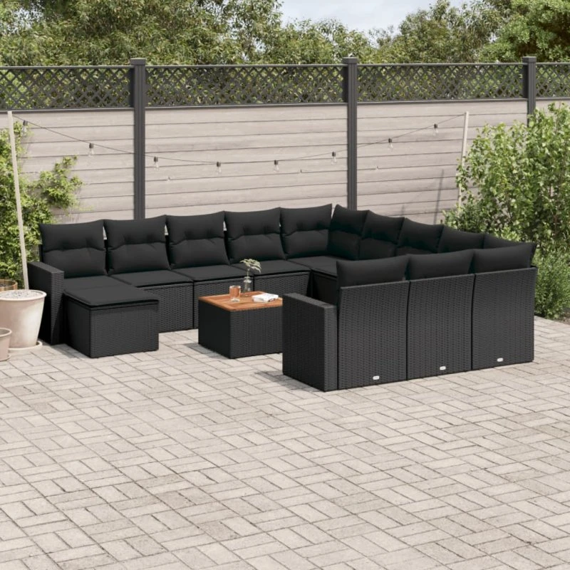 Havesofasæt 13 dele i polyrattan sort med hynder