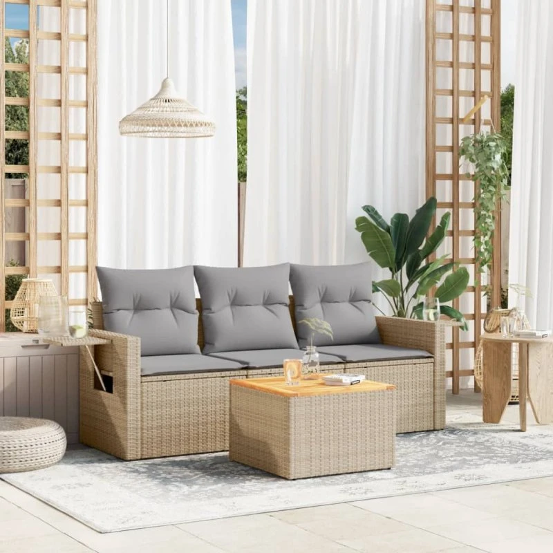 Havesofasæt 4 dele i polyrattan med hynder – beige
