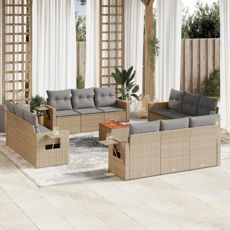 Havesæt 13 dele i polyrattan med hynder - beige