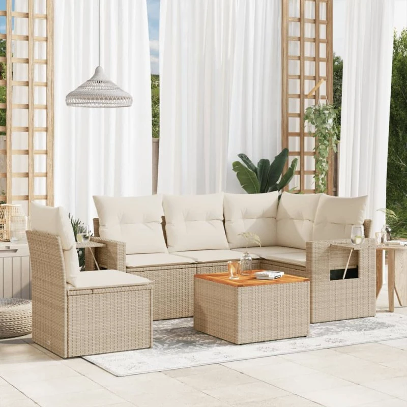 Havesofasæt 6 dele i polyrattan med hynder – beige