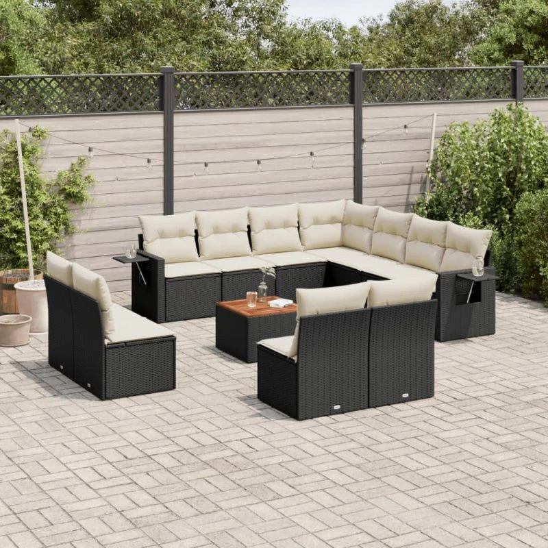 Sofasæt til haven 12 dele i sort polyrattan med hynder