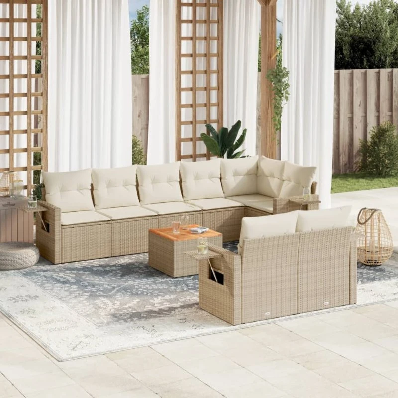 Sofasæt til haven 9 dele i polyrattan med hynder - beige