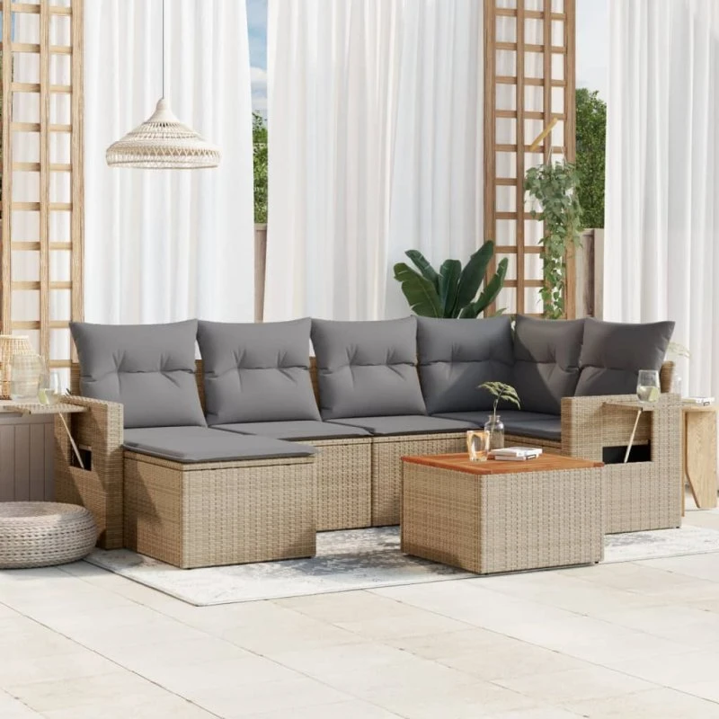 Havesofasæt 7 dele i beige polyrattan med hynder