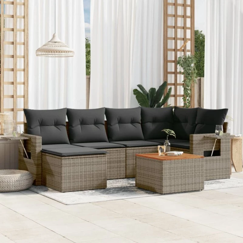 Havesofasæt 7 dele i grå polyrattan med hynder