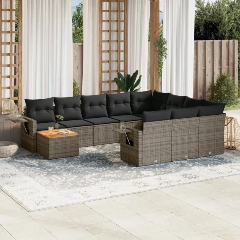 Loungesæt i polyrattan 11 dele med hynder, grå