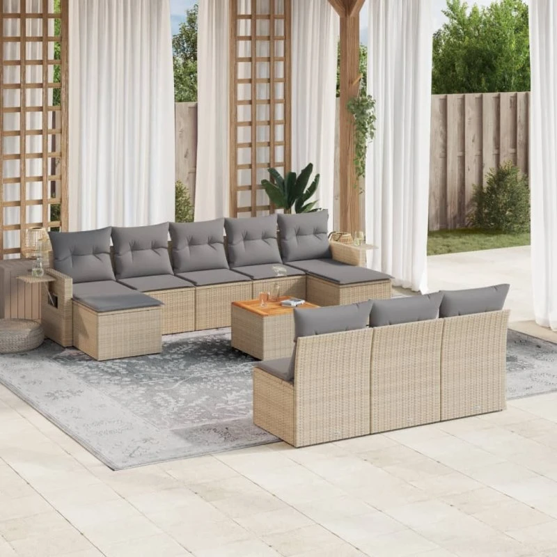 Havesofasæt 11 dele i polyrattan - beige (inkl. hynder)