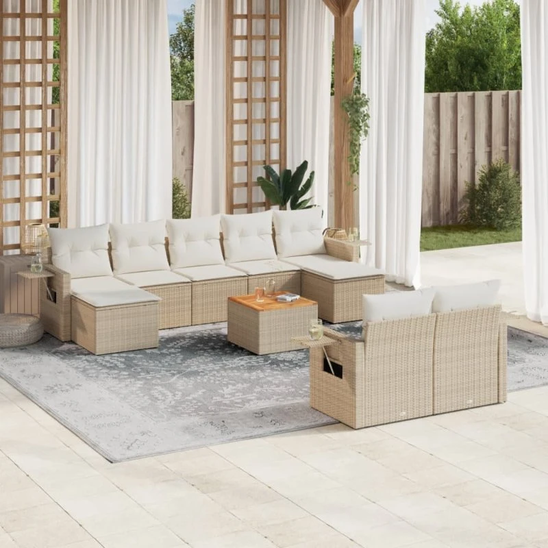 Sofasæt til haven 10 dele i polyrattan med hynder, beige