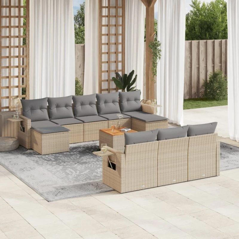 Havesofasæt 11 dele i polyrattan med hynder - beige