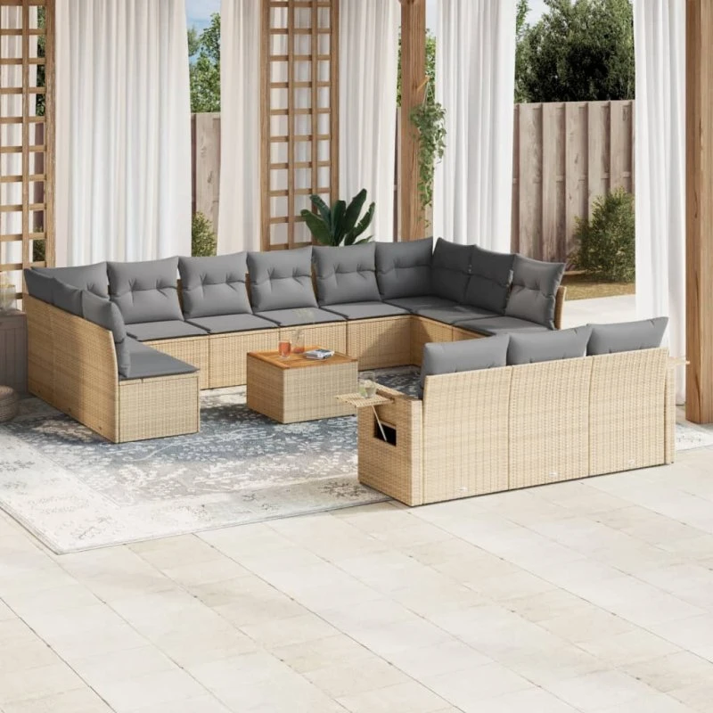 Havesofasæt 14 dele i polyrattan med hynder - Beige