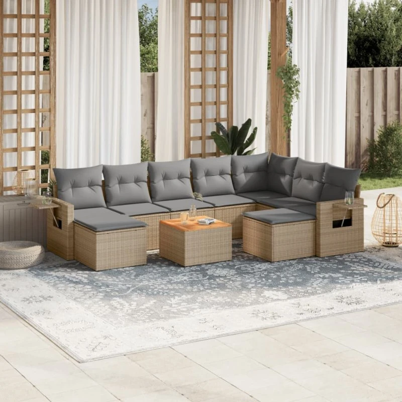 Havesofasæt 10 dele i polyrattan med hynder - Beige