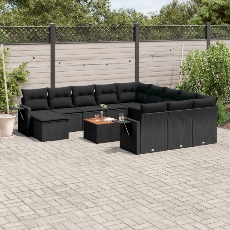 Havesofasæt 13 dele i sort polyrattan med hynder