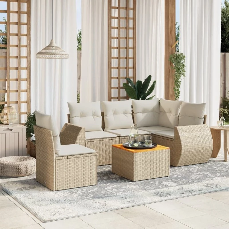 Sofasæt til haven 6 dele i beige polyrattan med hynder