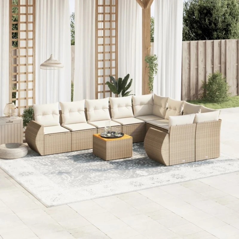 Havesofasæt 10 dele i polyrattan med hynder - Beige
