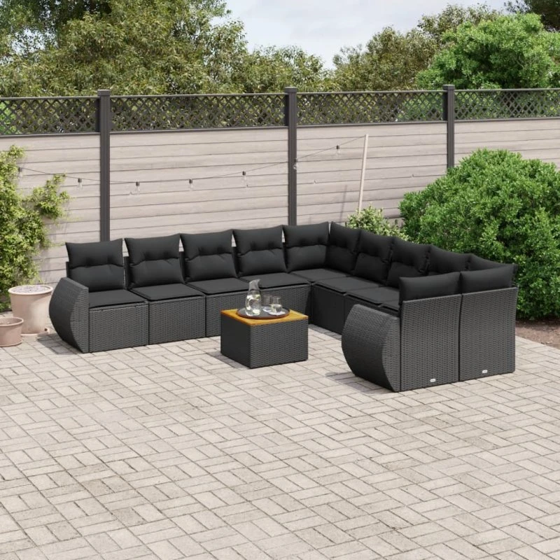 Sofasæt til haven 11 dele - sort polyrattan med hynder