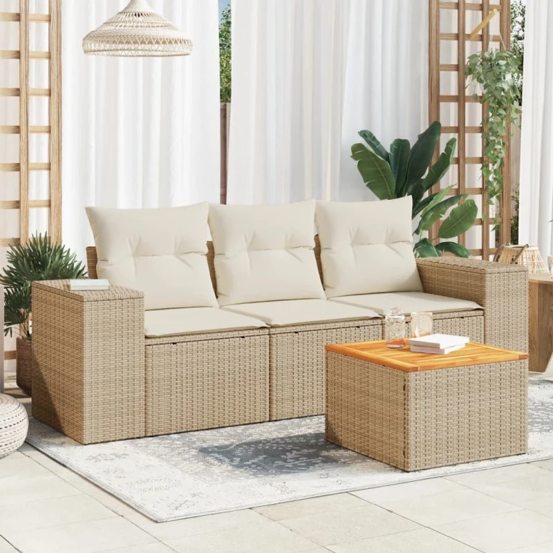 Sofasæt til haven 4 dele i polyrattan med hynder (beige)