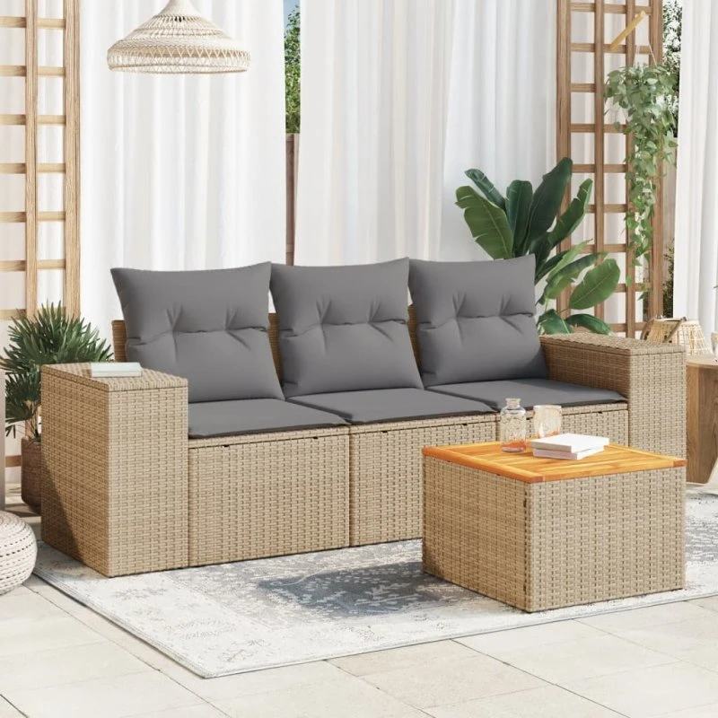 Havesofasæt 4 dele i polyrattan med hynder, beige