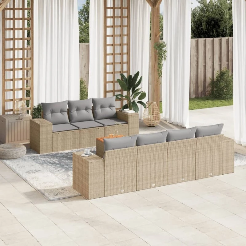 Havesæt 8 dele i polyrattan med hynder - beige
