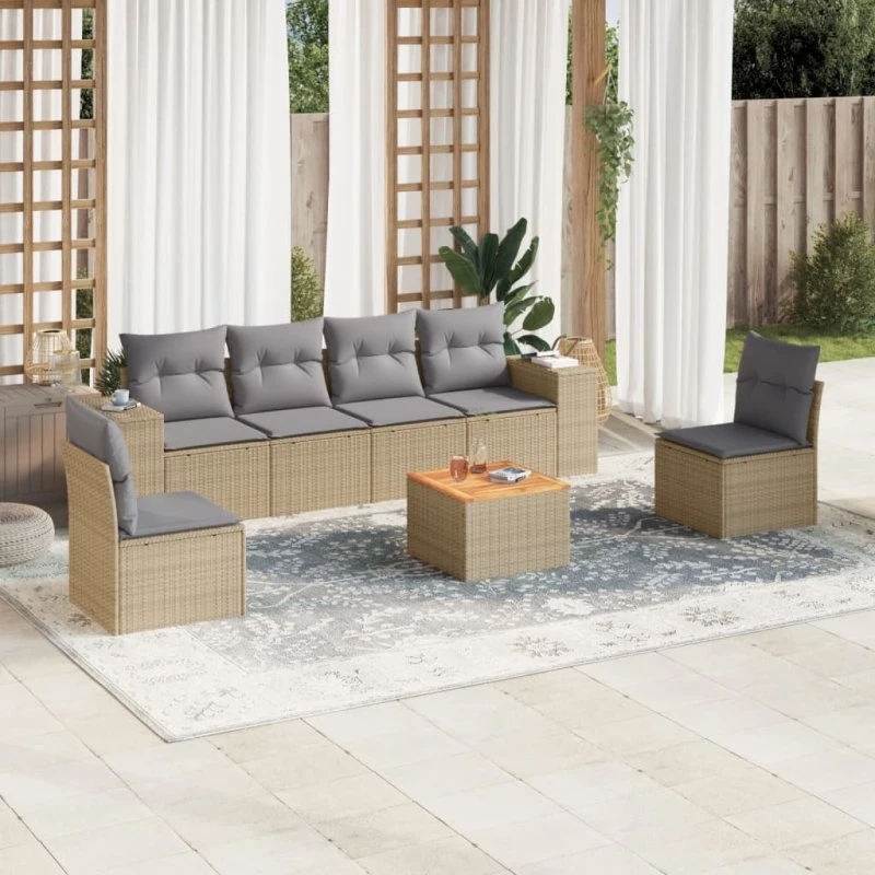Havesofasæt 7 dele i polyrattan - beige med hynder