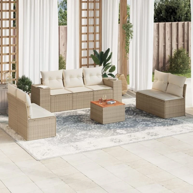 Havesofasæt i polyrattan 8 dele med hynder, beige