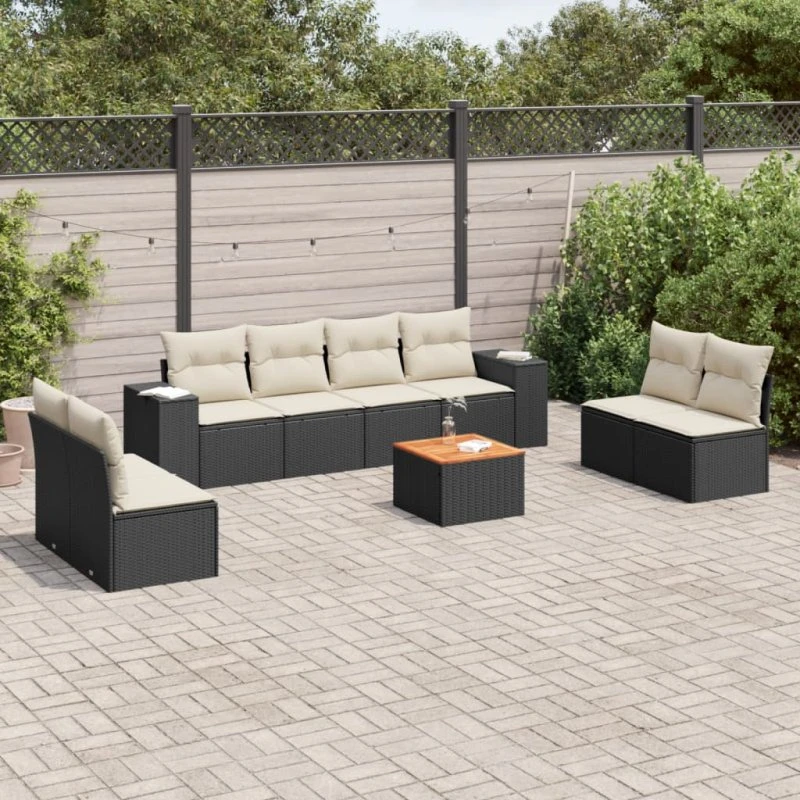 Sofasæt til haven 9 dele i sort polyrattan m. hynder