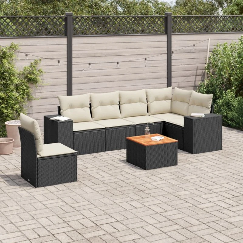 Havesofasæt 7 dele i sort polyrattan med hynder