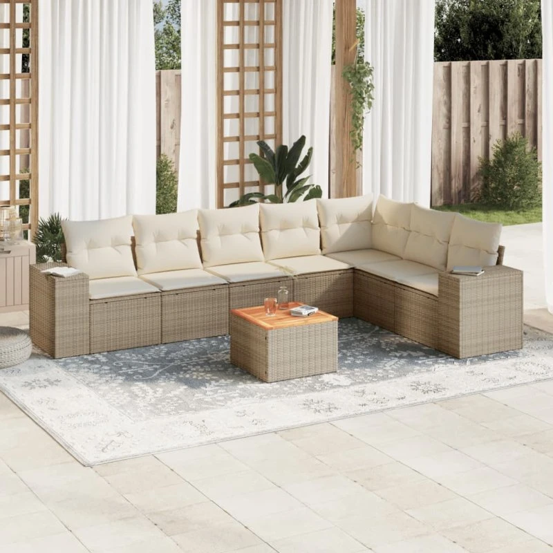 Havesofasæt i polyrattan 8 dele med hynder, beige